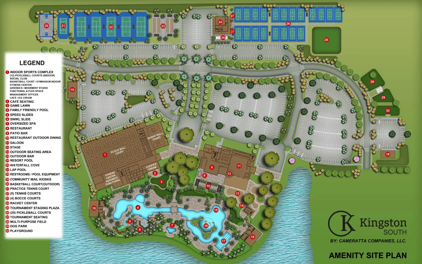 Kingston South amenity site plan showing the pools, indoor sports complex, Saloon, restaurant and outdoor courts