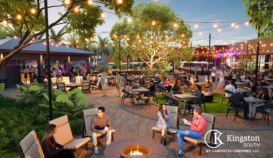 Rendering of an outdoor courtyard with string lights, fire pit and dining tables