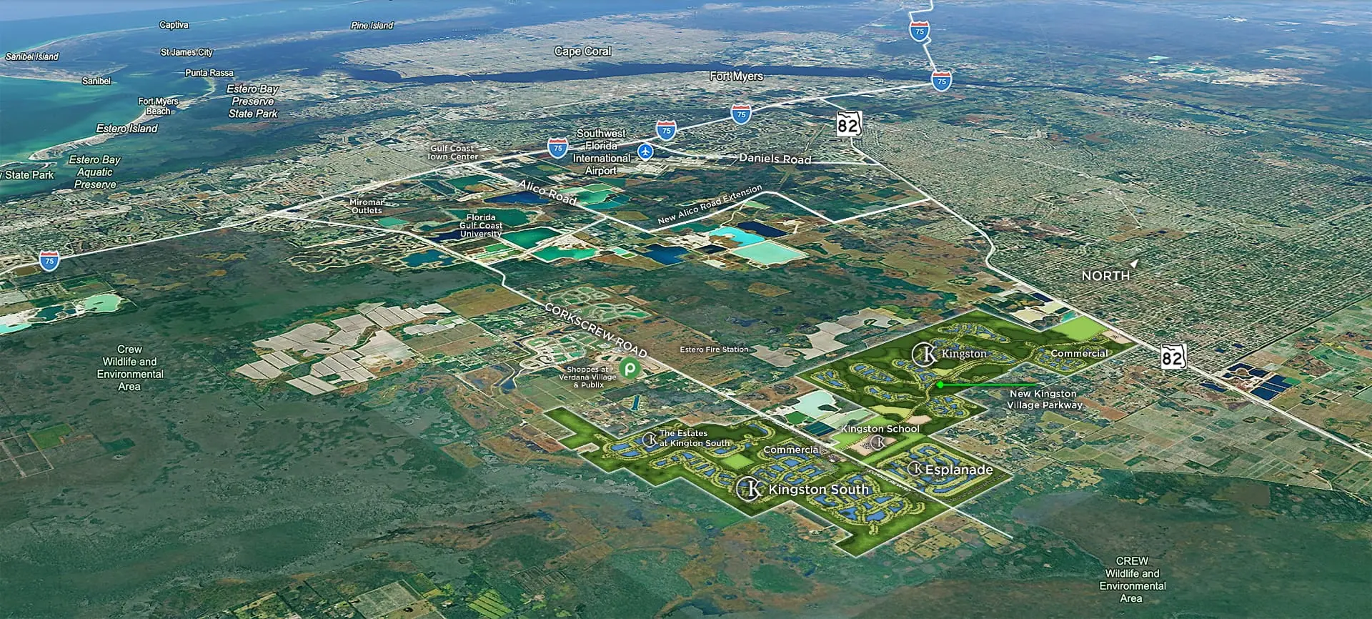 Aerial map showing Kingston and Esplanade at Kingston north of Corkscrew Road and Kingston South south of it, in Estero