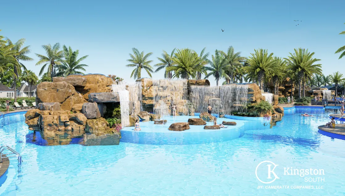 Rendering of the rock grotto and waterfalls at the Kingston South pool