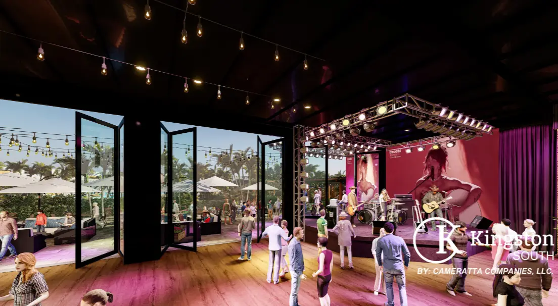 Rendering of the Saloon stage with a band playing to a crowd