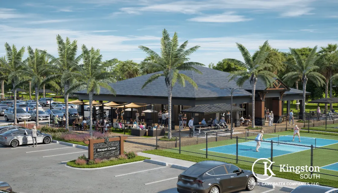 Rendering of the tennis center building beside outdoor courts