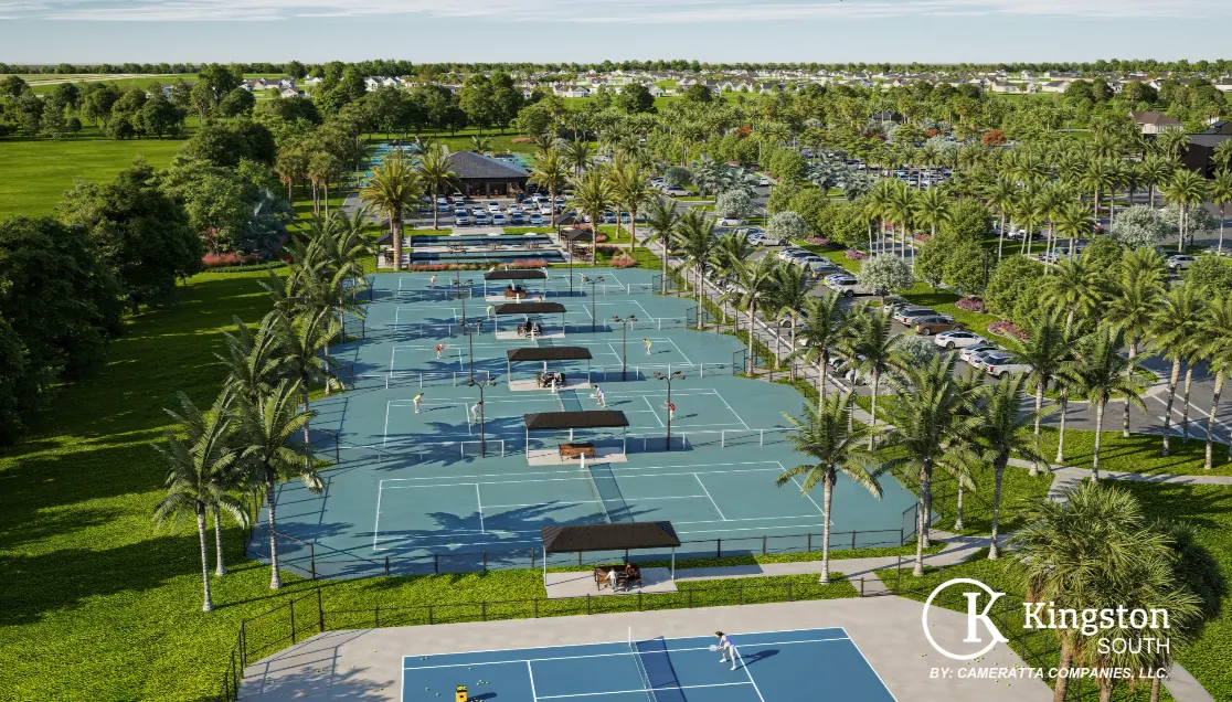 Aerial rendering of rows of outdoor tennis and pickleball courts